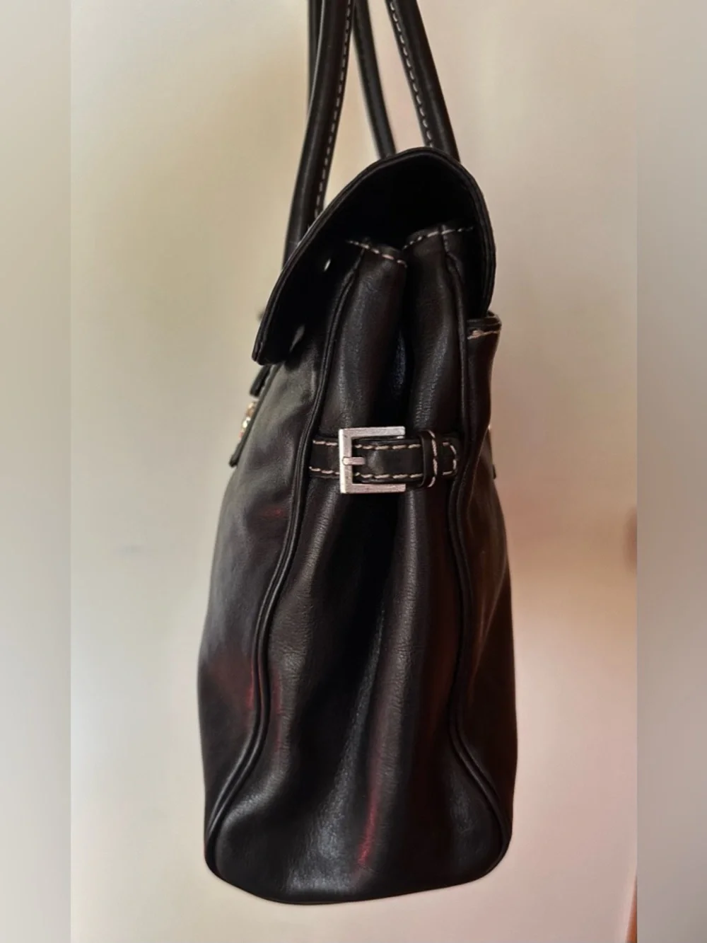 Michael Kors black soft calf leather Hudson satchel with white stitching